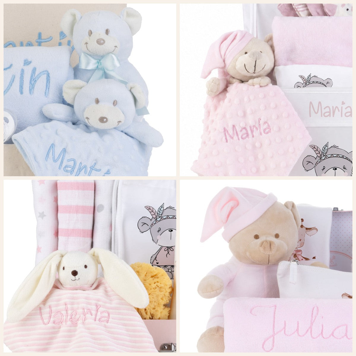 Canastillas de bebé personalizadas con los nombres Martín, María, Valeria y Julia