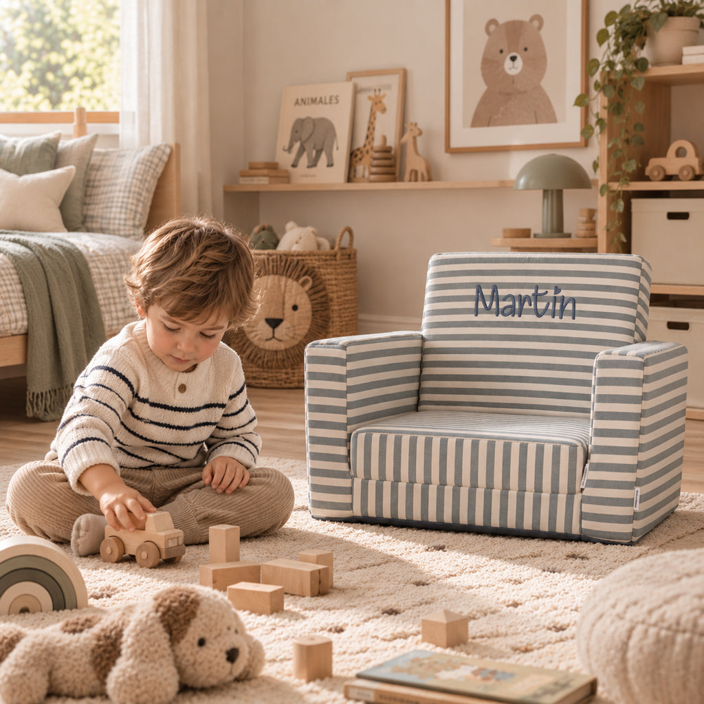 Sillón infantil personalizado de rayitas con nombre bordado, regalo para niños