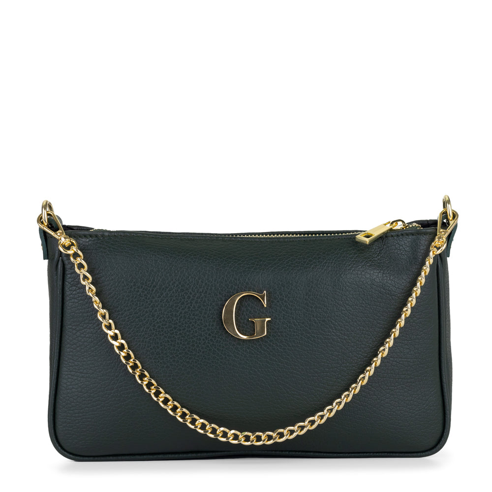 Bolso-piel personalizado roma-verde-botella-inicial-metalica