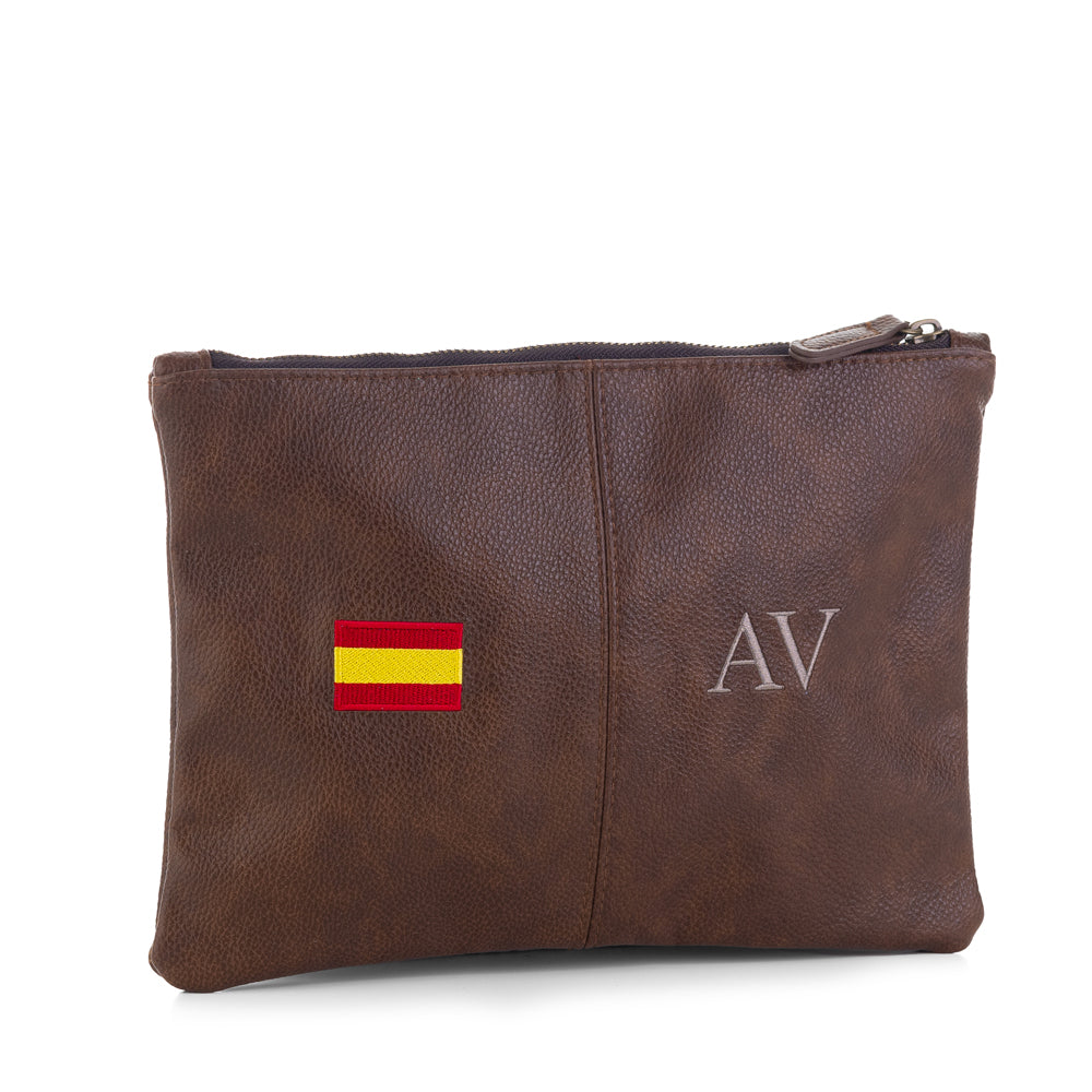 Cartera-mano-personalizada-Columbia-marron-bordada-bandera-espana