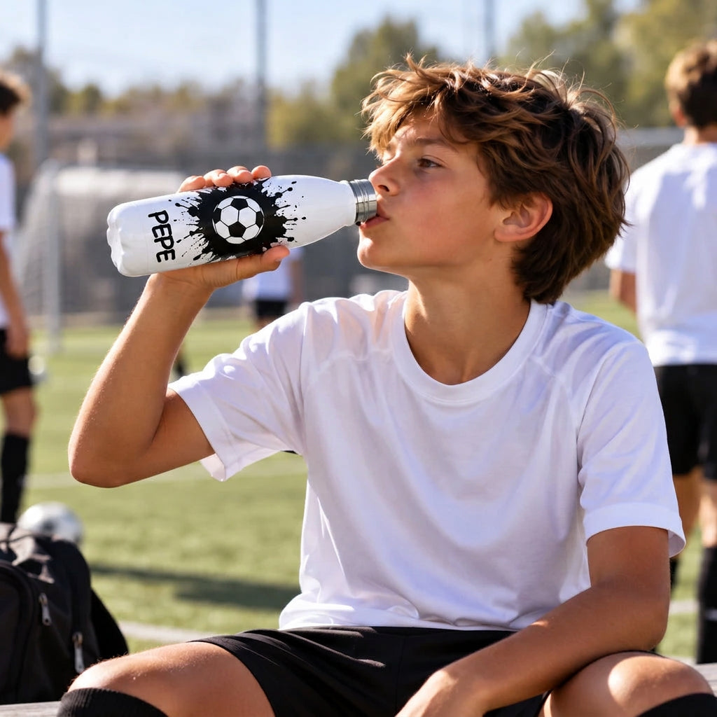 Botella termo Pacífico personalizada con balón de fútbol estilo grafiti y nombre, niño bebiendo en el campo de fútbol