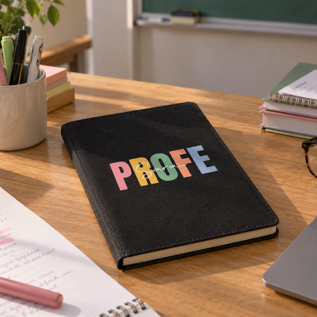 Cuaderno portadocumentos Boston personalizado "PROFE" con letras de colores, regalo para profesora sobre la mesa