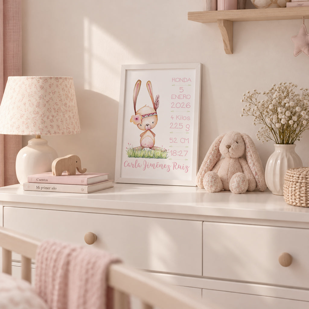 Cuadro de nacimiento personalizado con conejita y pluma en rosa y los datos del bebé, en la habitación infantil