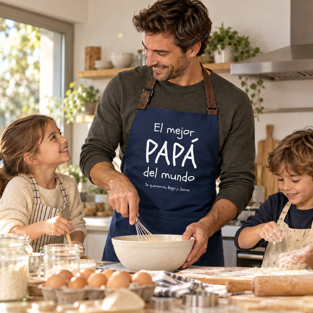 Delantal personalizado para papá azul marino mejor papá del mundo, en la cocina