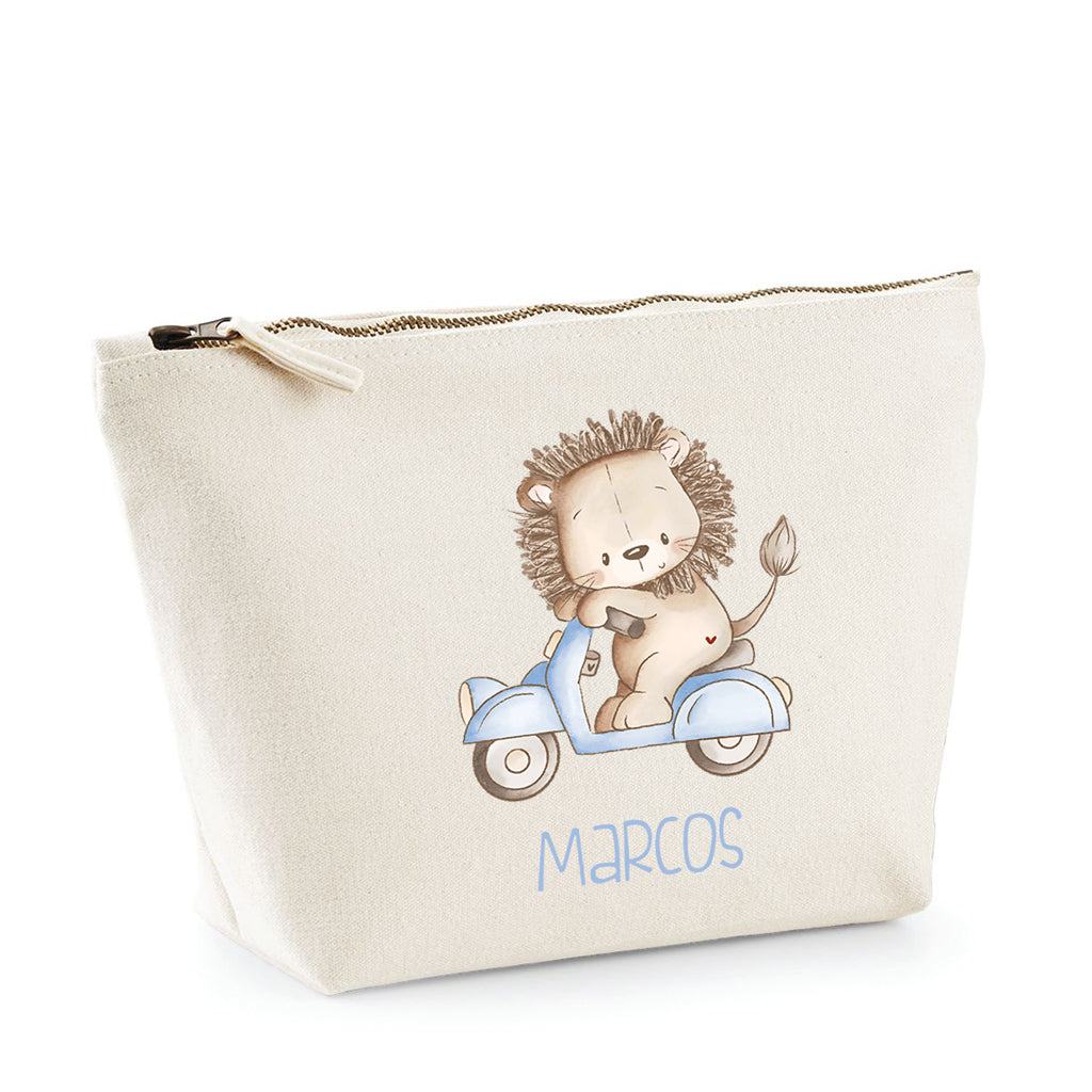 Neceser de algodón para bebé azul personalizado con león en vespa y nombre