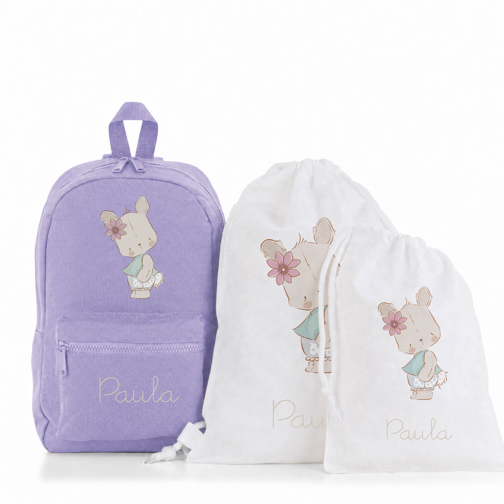 PACK PERSONALIZADO MOCHILA+MOCHILA CUERDAS+BOLSA MERIENDA ANIMALITOS