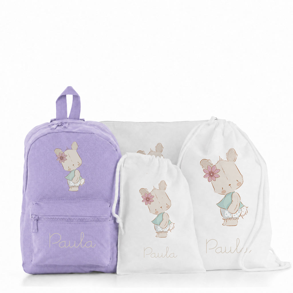 PACK PERSONALIZADO MOCHILA+MOCHILA CUERDAS+BOLSA MERIENDA+ALMOHADA ANIMALITOS