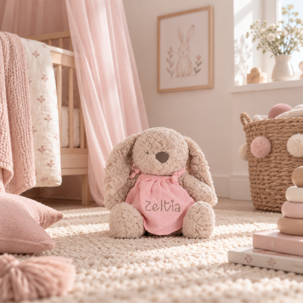Peluche conejita personalizado con vestido de gasa y nombre bordado, regalo de nacimiento en la habitación del bebé