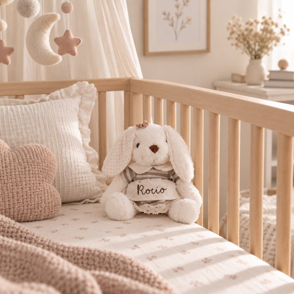 Peluche conejita personalizado con vestido de rayas y nombre bordado, regalo para bebé sobre la cuna