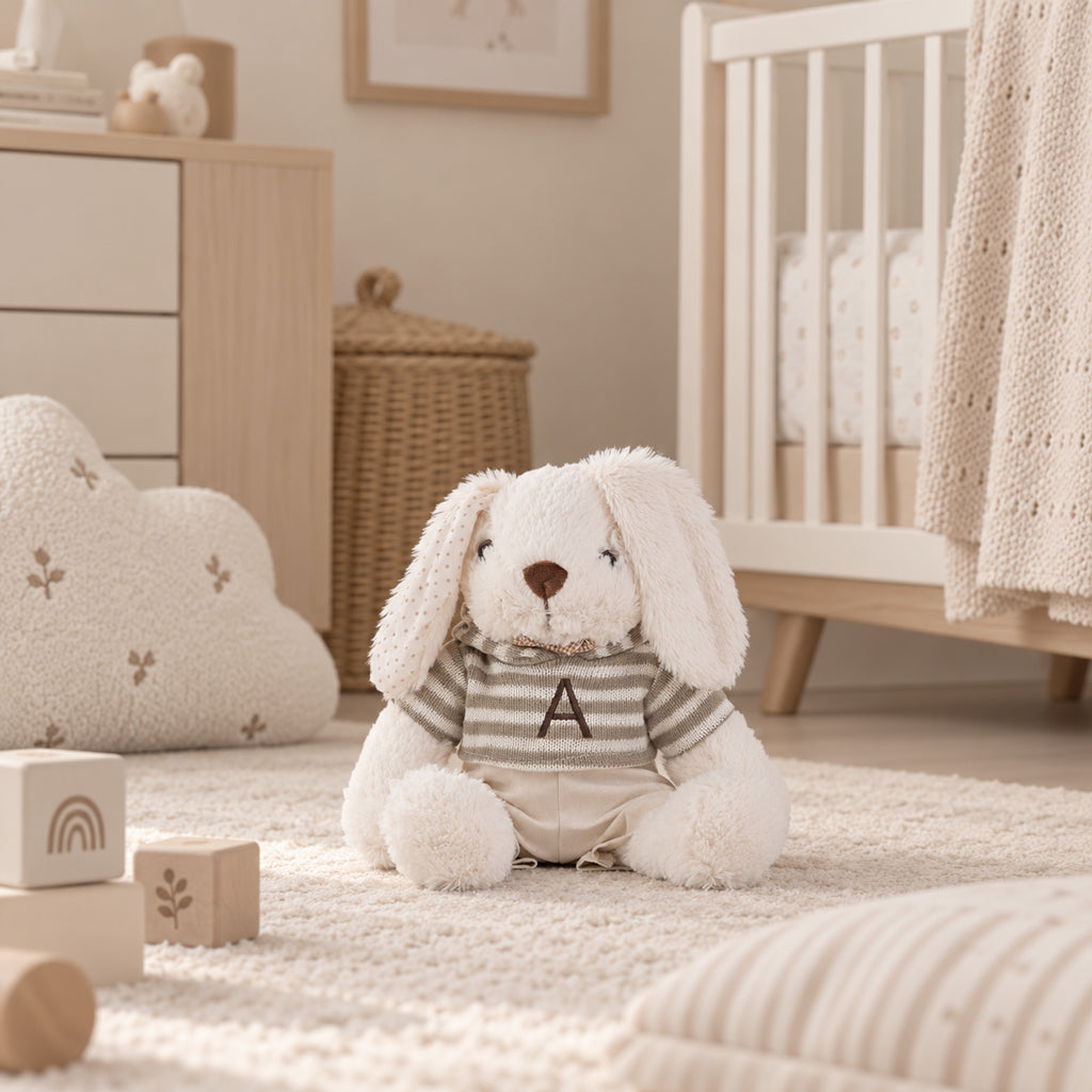 Peluche conejito personalizado con jersey de rayas e inicial bordada, regalo de nacimiento en la habitación del bebé