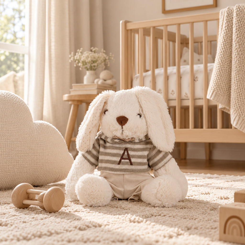 Conejito de peluche con inicial bordada en habitación de bebé