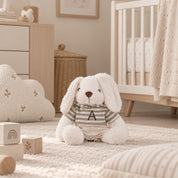 Peluche conejito personalizado con jersey de rayas e inicial bordada, regalo de nacimiento en la habitación del bebé