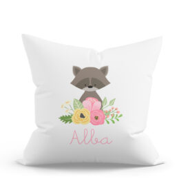 COJÍN PERSONALIZADO MAPACHE FLORES