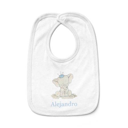 Babero-bebe-personalizado-elefante-corona-nombre-azul