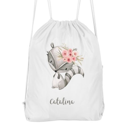 Mochila-cuerdas-personalizada-mapache-flores