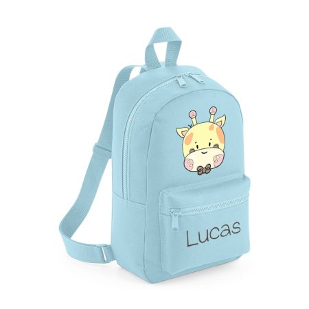 Mochila-mini-personalizada-azul-claro-jirafa-pajarita