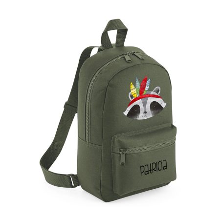 Mochila-mini-personalizada-verde-kaki-mapache-plumas