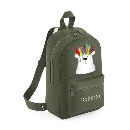 Mochila-mini-personalizada-verde-kaki-oso-polar-plumas